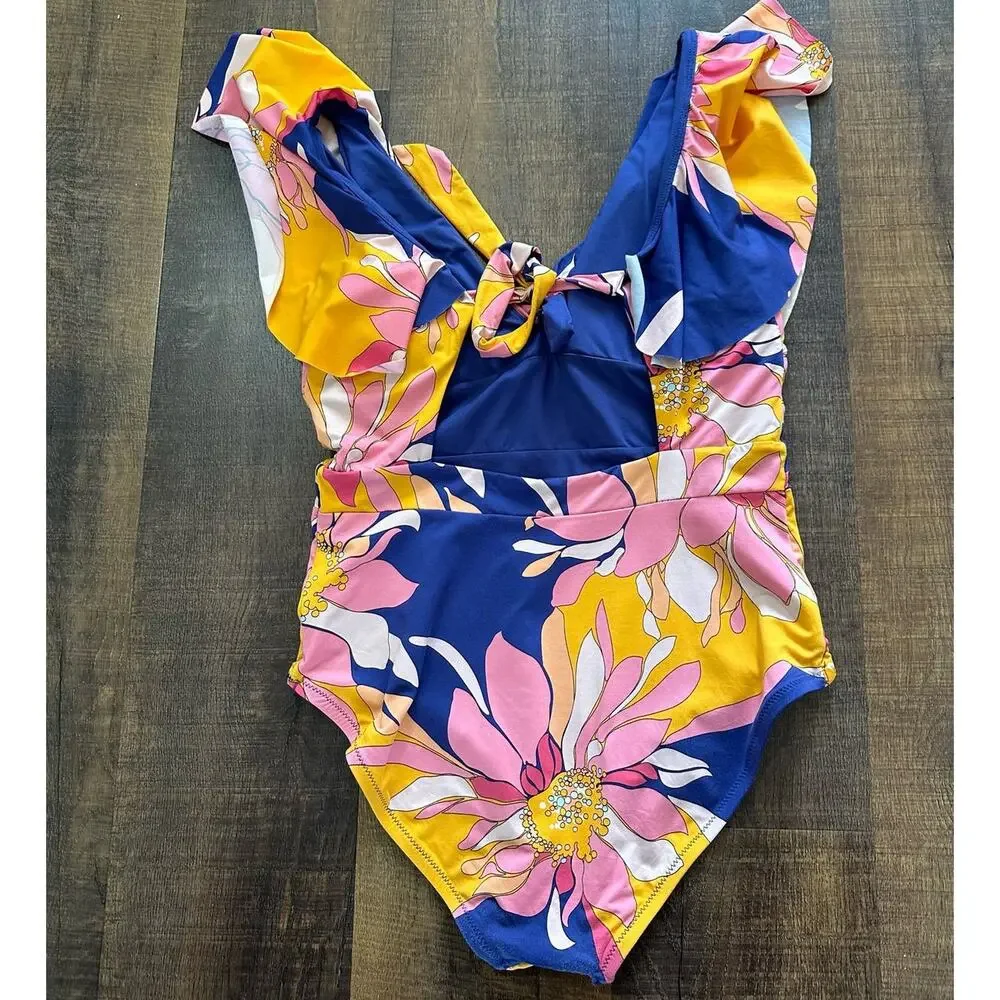 Trina Turk Breeze Ruffle Plunge Floral Print One Piece Swimsuit Size 12